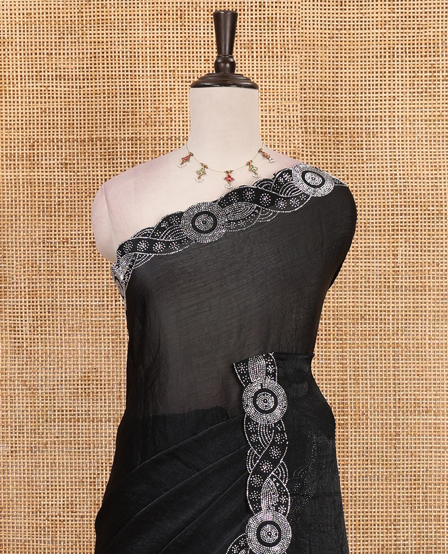 Black full-plain fendy chiffon saree, scallop swarovski stone work geometric border and contrast plain blouse