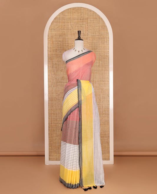 Multi-color striped khadi mul cotton saree, striped border, striped pallu with black tassels and matching blouse