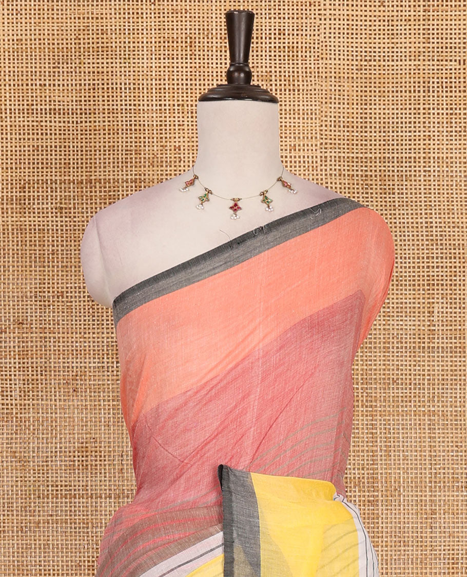 Multi-color striped khadi mul cotton saree, striped border, striped pallu with black tassels and matching blouse