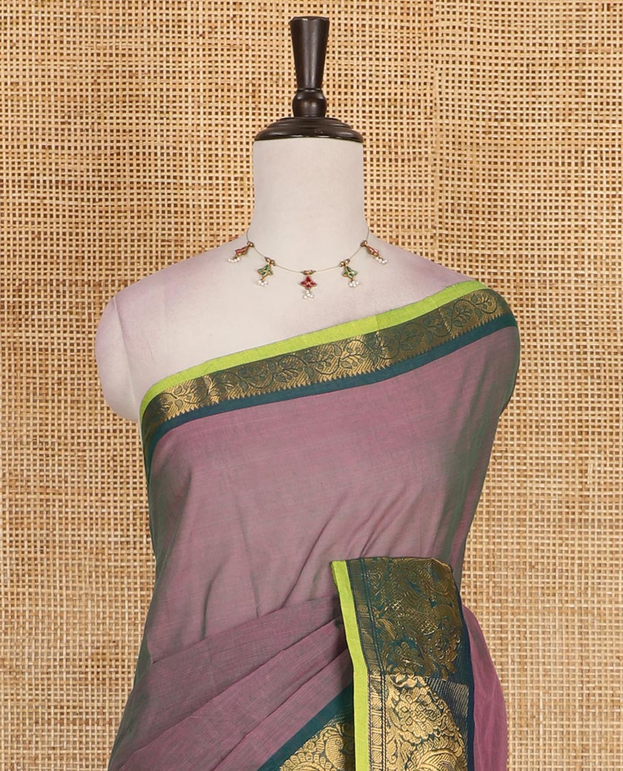 Purple plain Chettinad cotton saree, contrast annam and rudraksham motifs zari border, striped pallu, and plain blouse