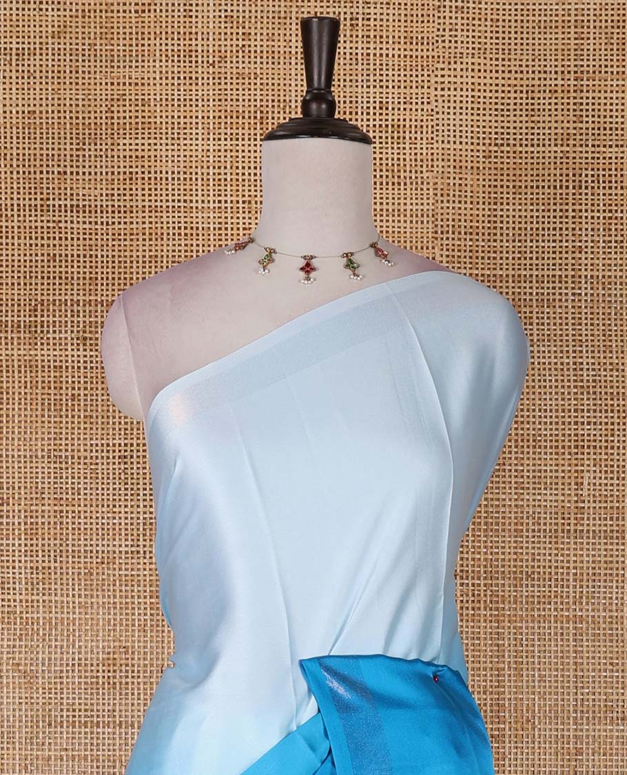 Blue ombre full-plain satin crepe saree, copper zari border, and plain blouse