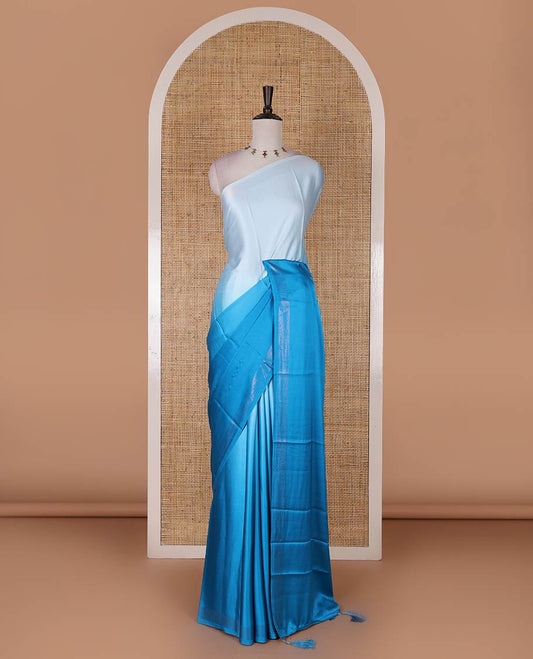 Blue ombre full-plain satin crepe saree, copper zari border, and plain blouse
