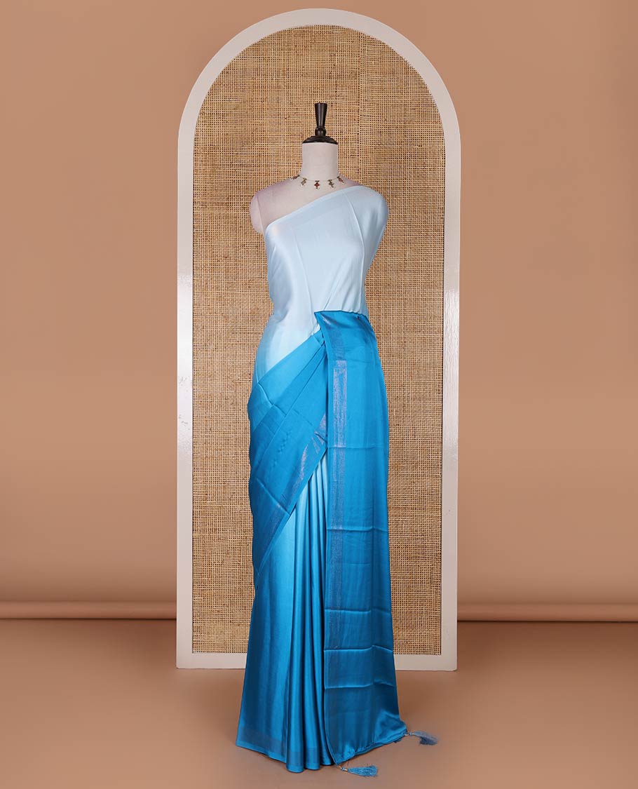Blue ombre full-plain satin crepe saree, copper zari border, and plain blouse