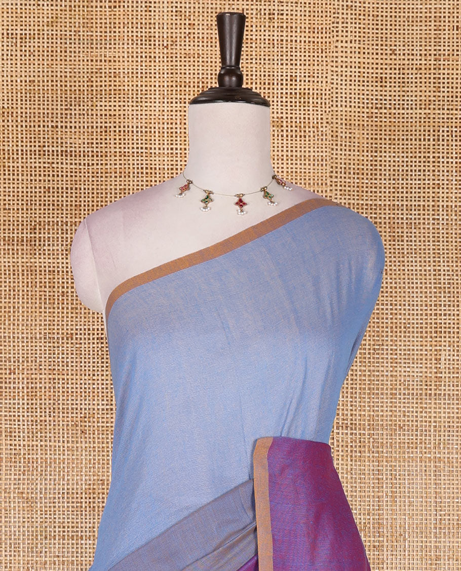 Borderless violet ombre style tri-colored plain Khadi mul cotton saree with full plain blouse