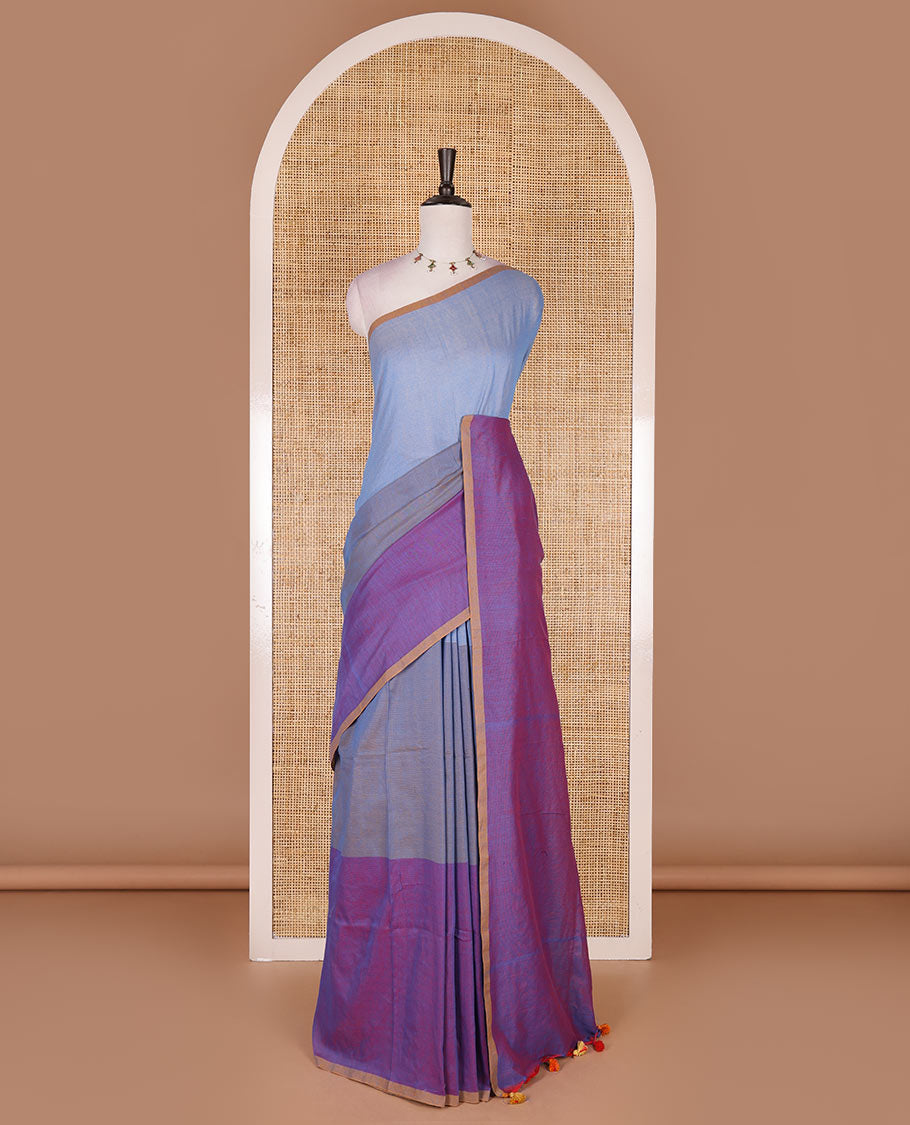 Borderless violet ombre style tri-colored plain Khadi mul cotton saree with full plain blouse