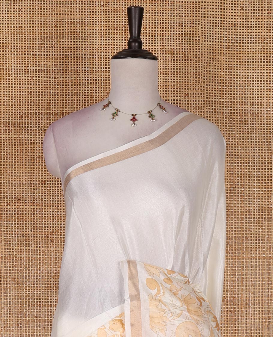 Half-white human motifs and floral printed Kerala cotton saree, zari border, striped pallu, and matching blouse
