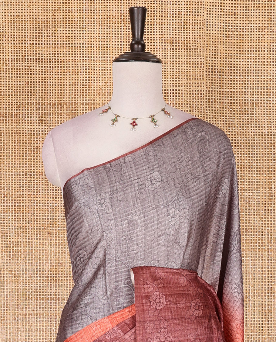 Borderless rust ombre style dyed and floral vine design semi tussar saree, contrast kalamkari printed pallu and blouse