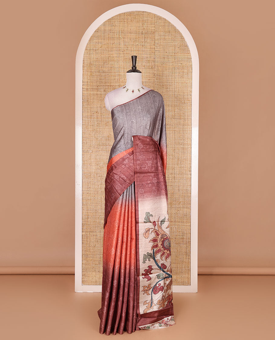 Borderless rust ombre style dyed and floral vine design semi tussar saree, contrast kalamkari printed pallu and blouse