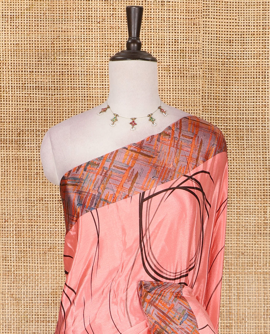 Peach abstract style geometric printed Turkey crepe saree, contrast border, and pallu of abstract textured print