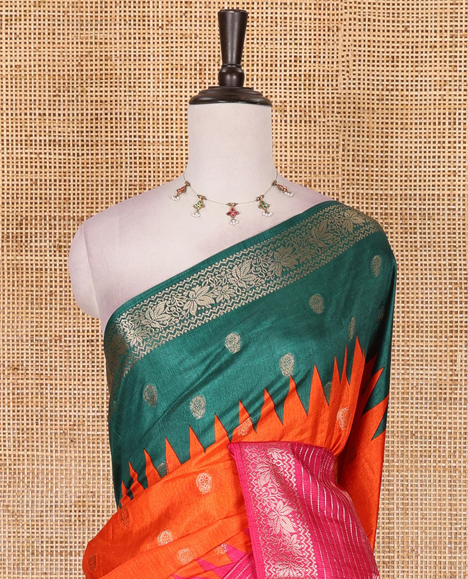 Orange zari buttas dola silk saree, contrast green-pink temple ganga jamuna traditional zari border, paisley pallu, and contrast zari design blouse