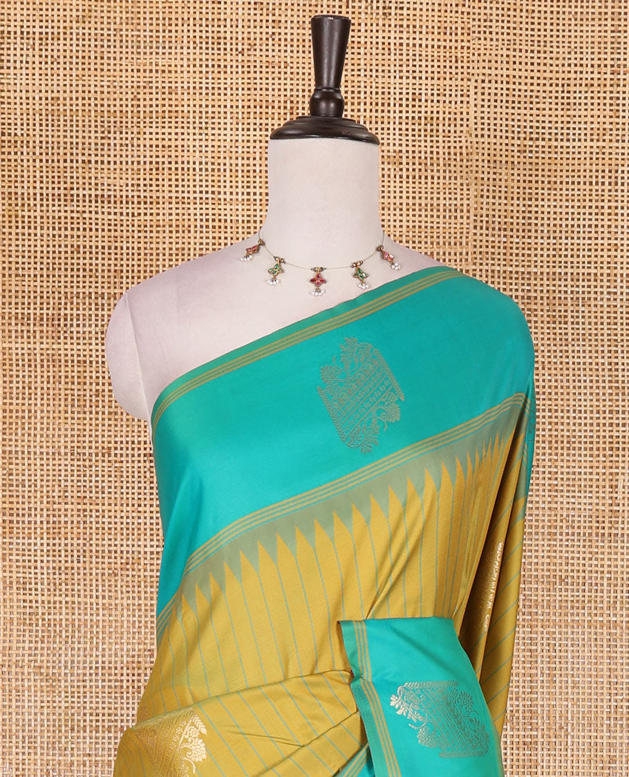 Mustard striped and zari buttas Mulberry silk saree, contrast temple zari buttas border, intricate pallu, and contrast zari design blouse
