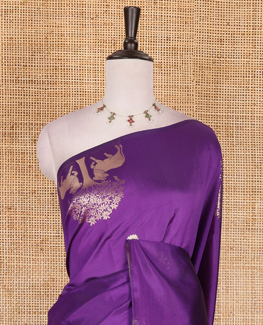 Borderless violet peacock, chakra, and pichwai cow buttas zari woven kanchi silk saree, peacock and chakra enclosed checked pallu, and matching blouse