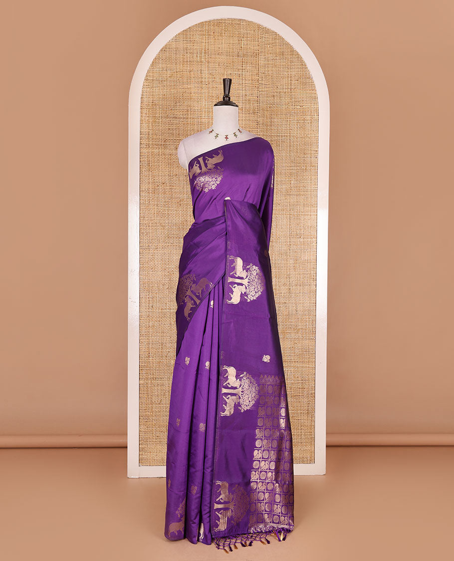 Borderless violet peacock, chakra, and pichwai cow buttas zari woven kanchi silk saree, peacock and chakra enclosed checked pallu, and matching blouse