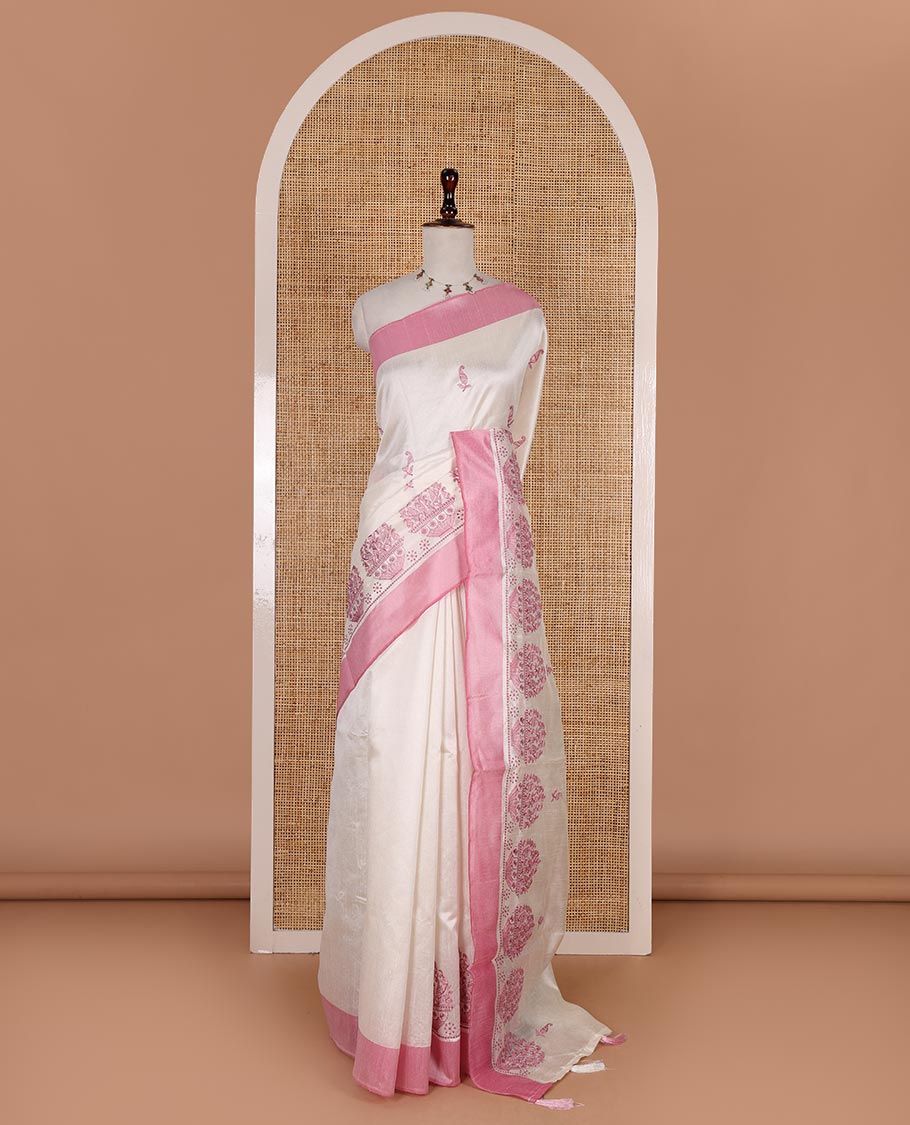 Half-white mango and flower pots thread embroidered semi-tussar saree, contrast pink border, manga motif embroidered pallu, and a matching blouse