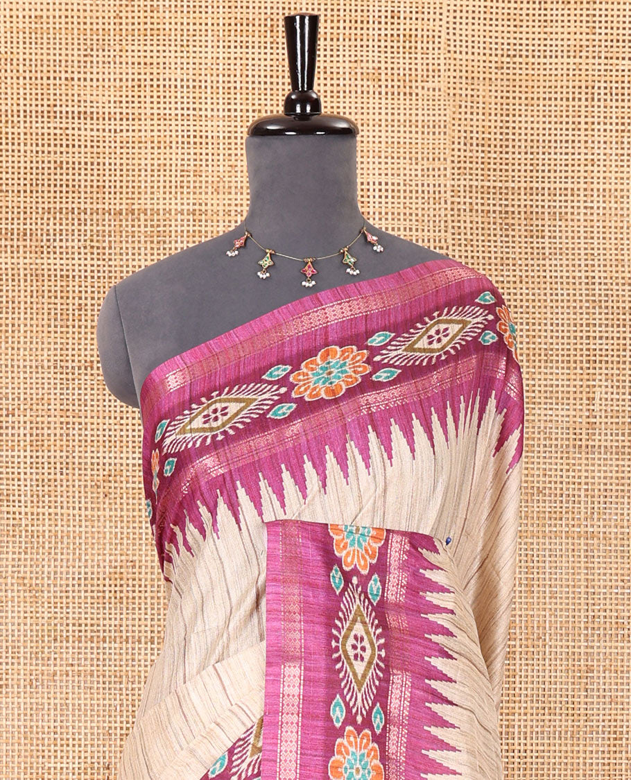 Chikku- purple plain Katan silk saree, contrast ikkat floral-geometric printed temple border, ikkat printed pallu, and ikkat printed blouse