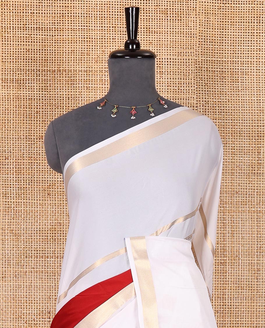 Red plain Art Mysore silk saree, contrast traditional zari big border, zari striped pallu, and a matching zari design blouse