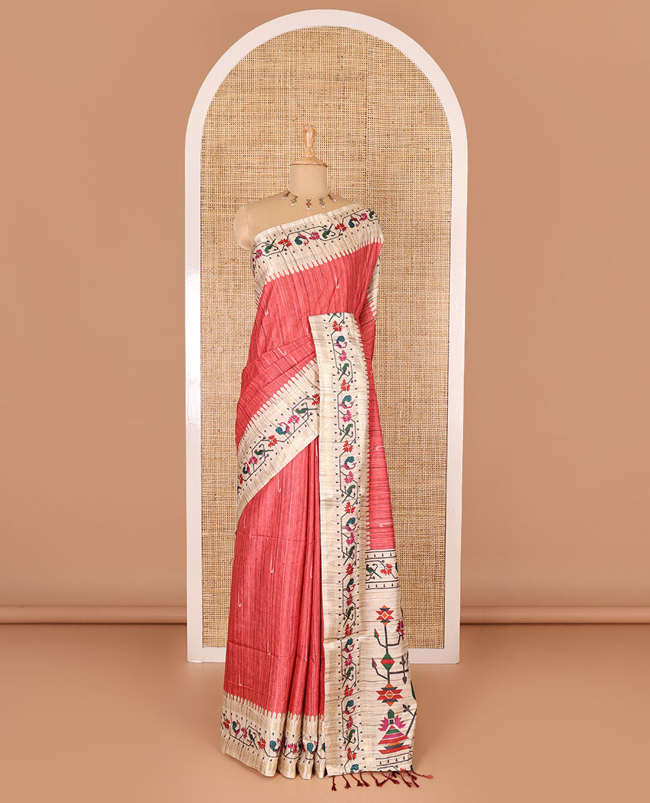 Maroon muniya motifs katan silk saree, contrast paithani style border, pallu and blouse steeped with peacock, parrot, and floral motifs