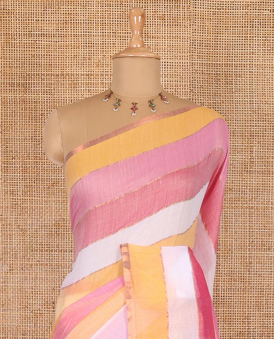 Baby pink rainbow-style striped Khadi mul cotton saree with piping zari border, and a matching zari striped blouse