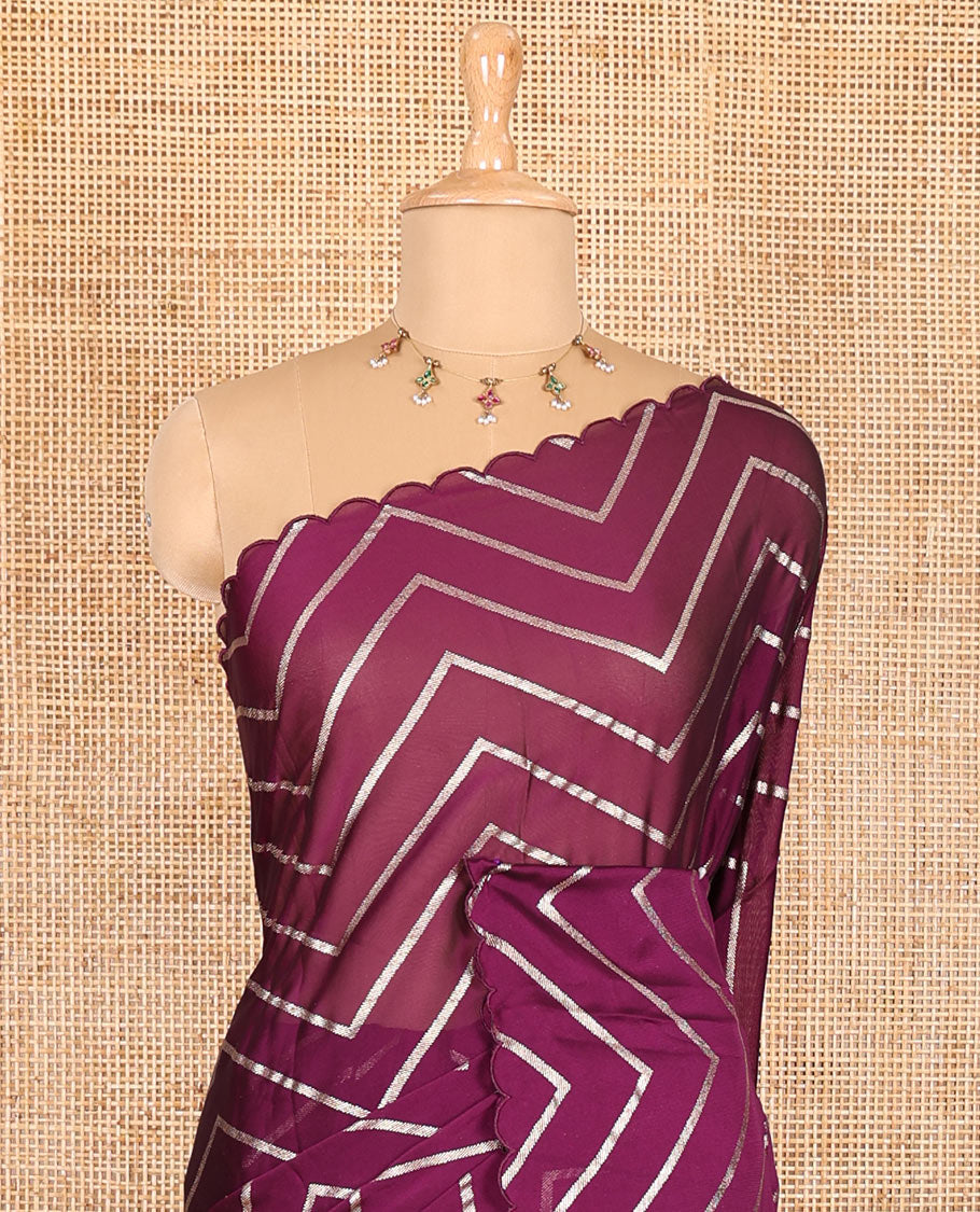 Borderless purple zig-zag stripes gold foil printed, scallop-edged rangoli chiffon saree with a matching bandhani dotted blouse