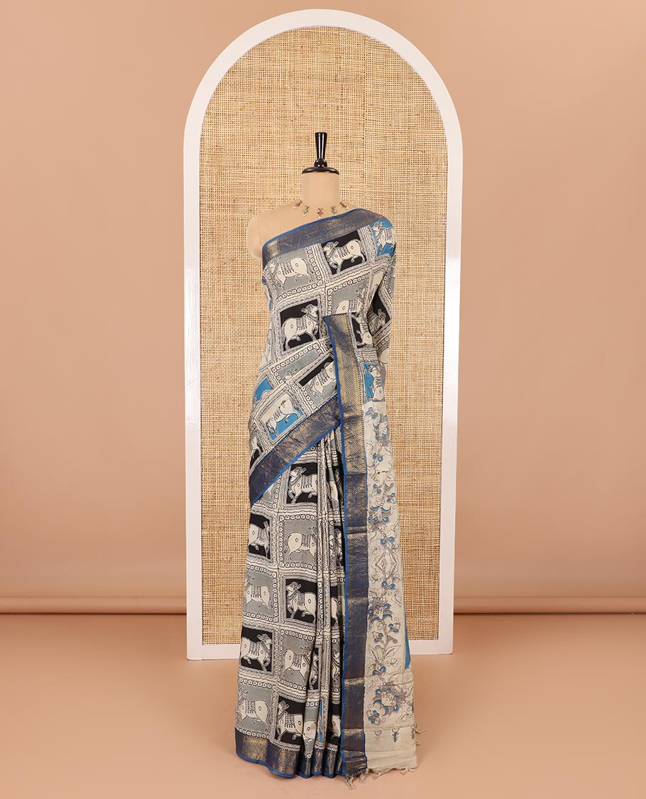 Black kalamkari-style pichwai printed Mangalagiri cotton saree with contrast traditional zari border, kalamkari printed pallu, and a floral vine printed blouse