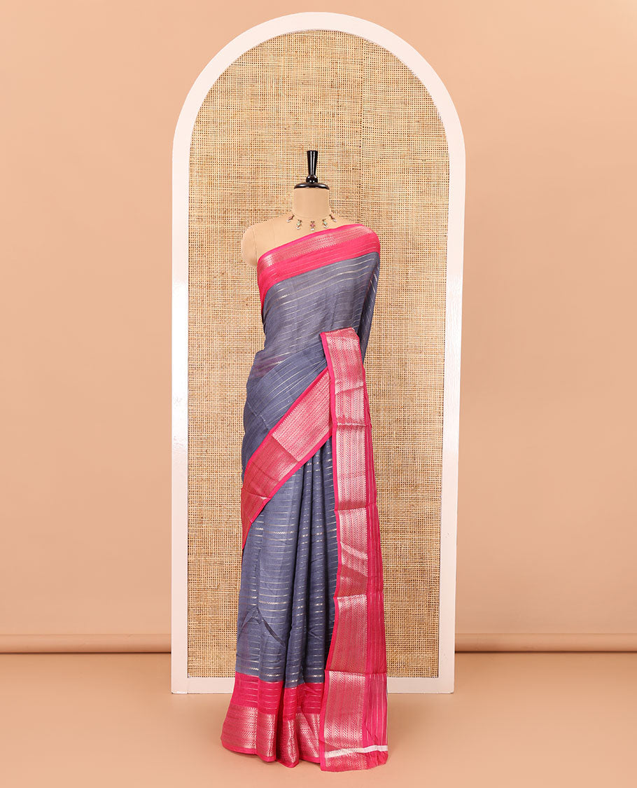 Grey horizontal zari striped moss chiffon saree, contrast traditional zari border, striped pallu, and a contrast zari design blouse