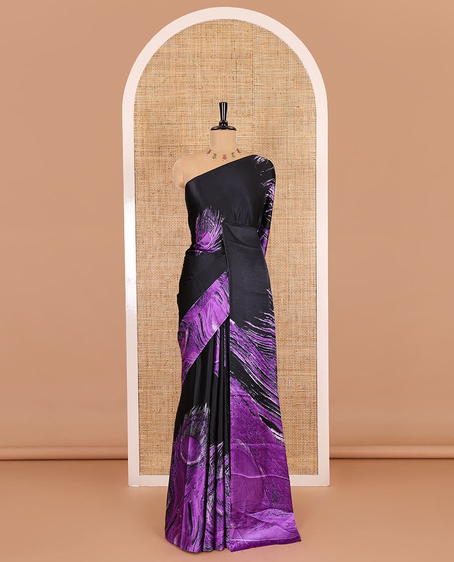 Borderless black and violet peacock feathers style abstract printed Gajji silk saree, peacock feathers printed pallu, and a contrast printed blouse