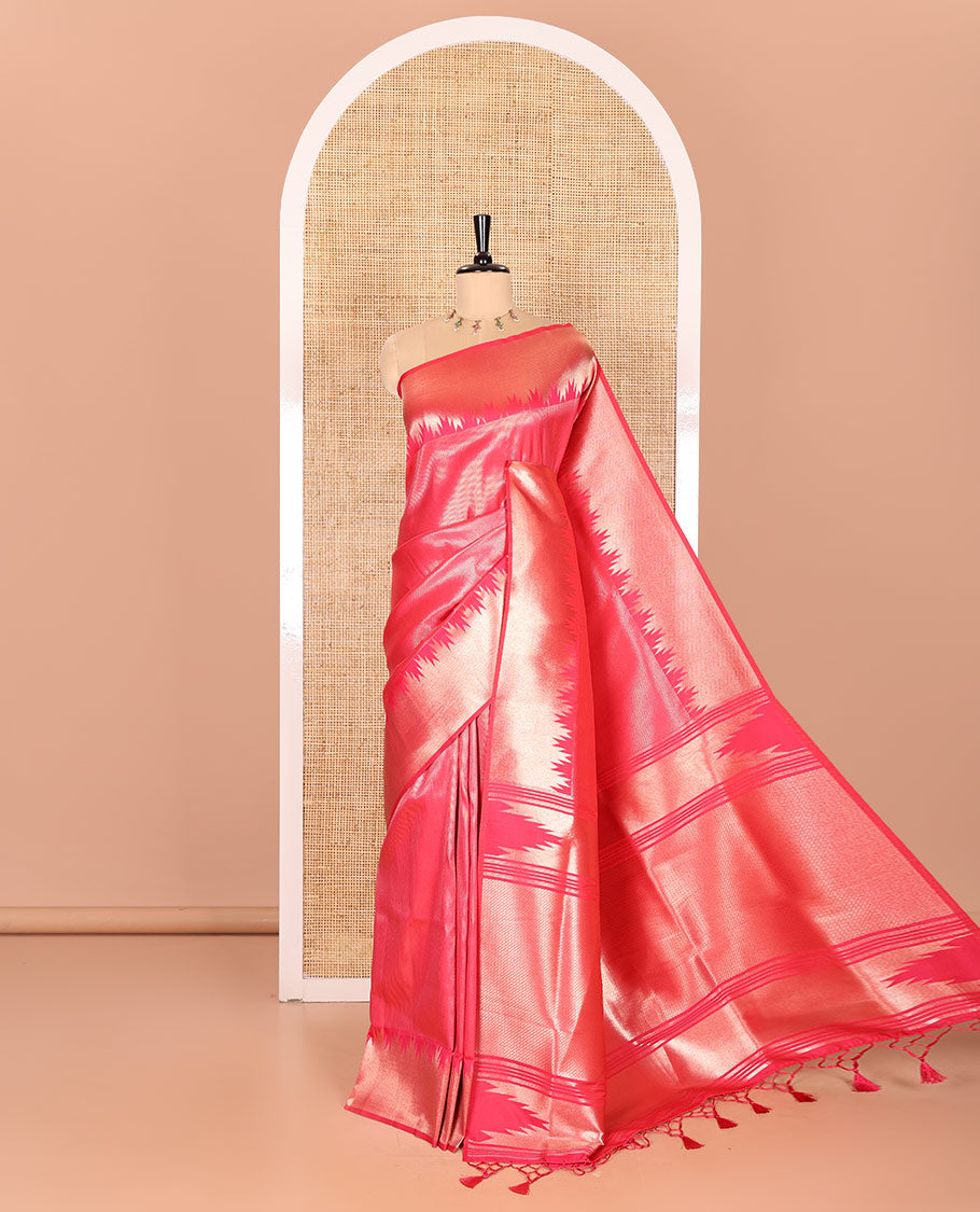 Rani Pink Elite Soft Silk Saree Gleamed Up with Vaira Oosi Stripes, Featuring a Temple Zari Border, Zari Elevated Pallu, and a Matching Zari Design Blouse