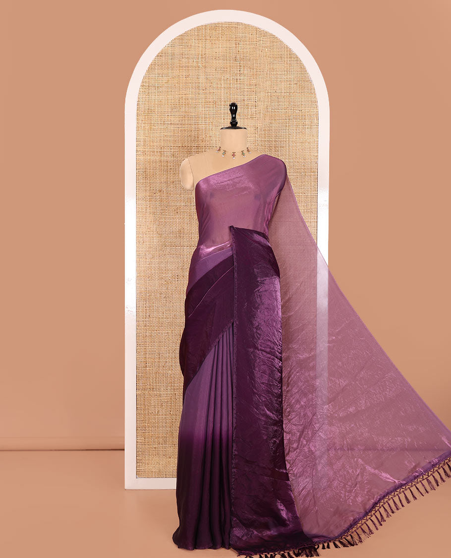 Purple Fendy Chiffon Saree Subtly Sparked with Plain Dual-Tone Ombre-Style Design, Self-Pallu of Tassels, and a Plain Blouse