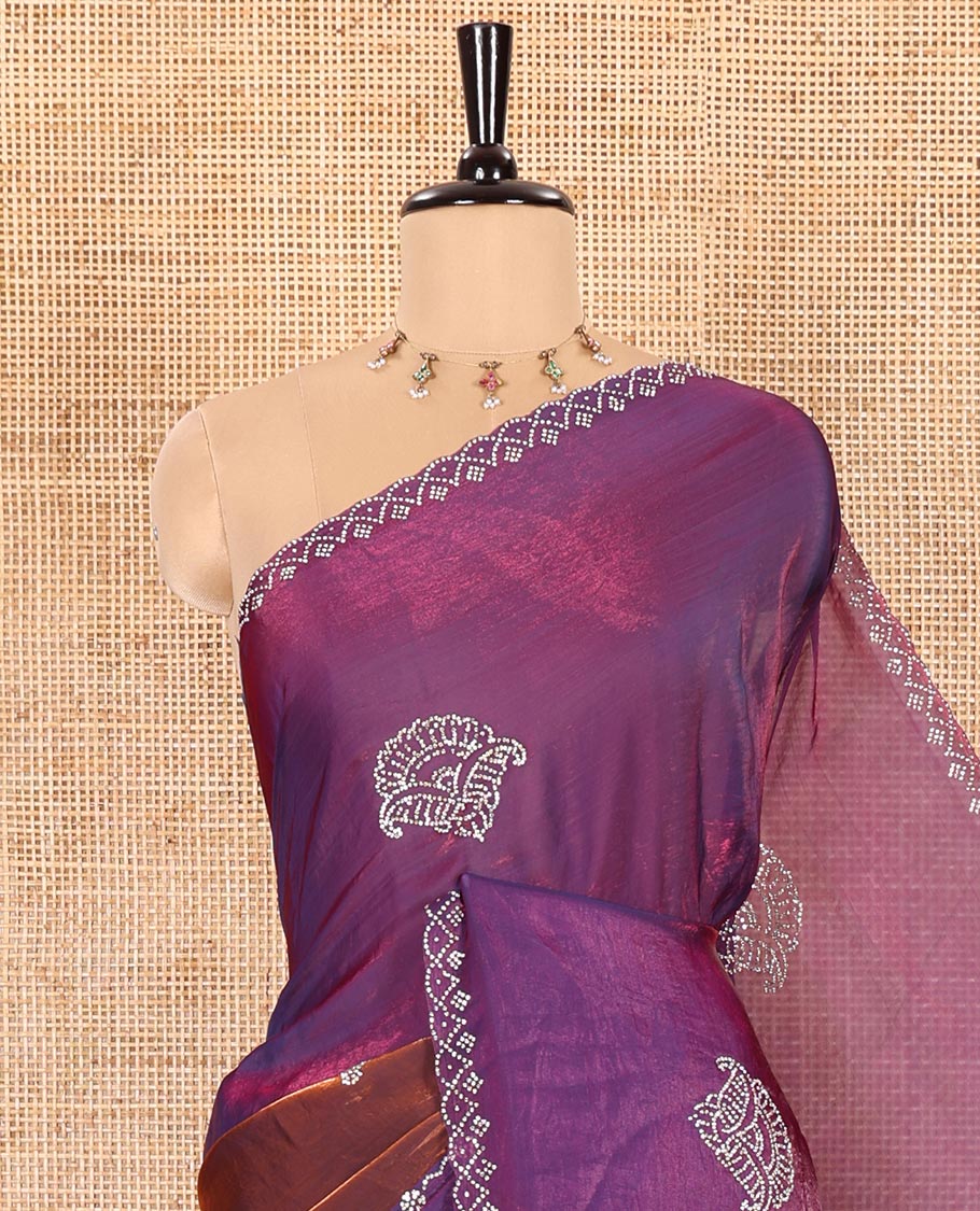 Copper Fendy Chiffon Saree Featuring Elegant Stripes and Buttas Adorned with Sparkling Swarovski Stone Work, Enhanced with a Scalloped Swarovski Stone Work Border, and Paired with a Matching Blouse Embellished with Swarovski Stone Work