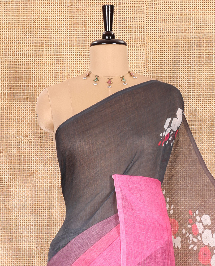 Borderless Pink Linen Cotton Saree Elevated with Nature-Theme Print Featuring the Sun, Trees, and Birds All Over the Saree, Paired with a Striped Blouse