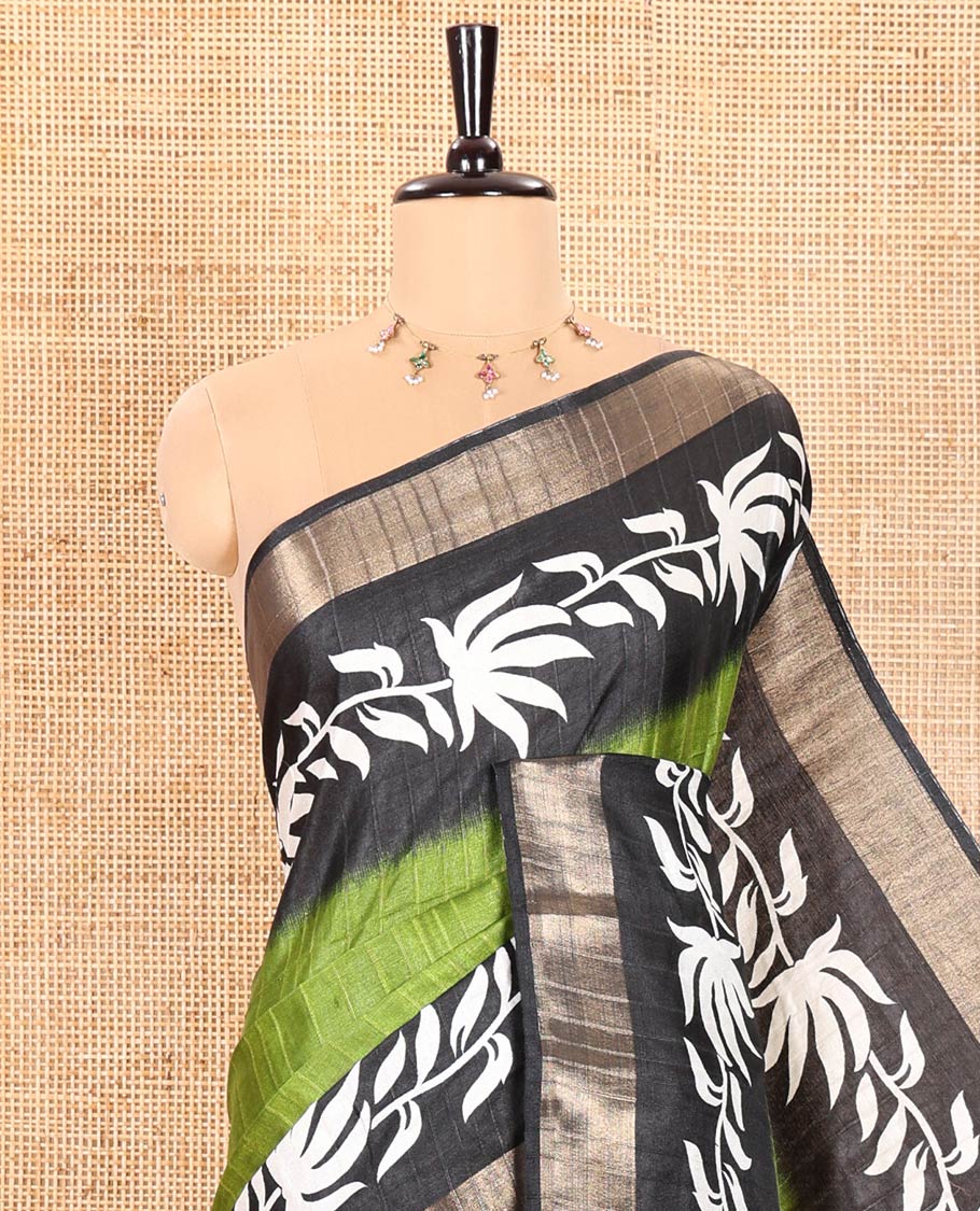 Green Plain Dola Silk Saree Decked Up with Contrast Border of Leaf Vines Print and Zari Work, Pallu of Floral and Geometric Print, and Paired with a Contrast Blouse