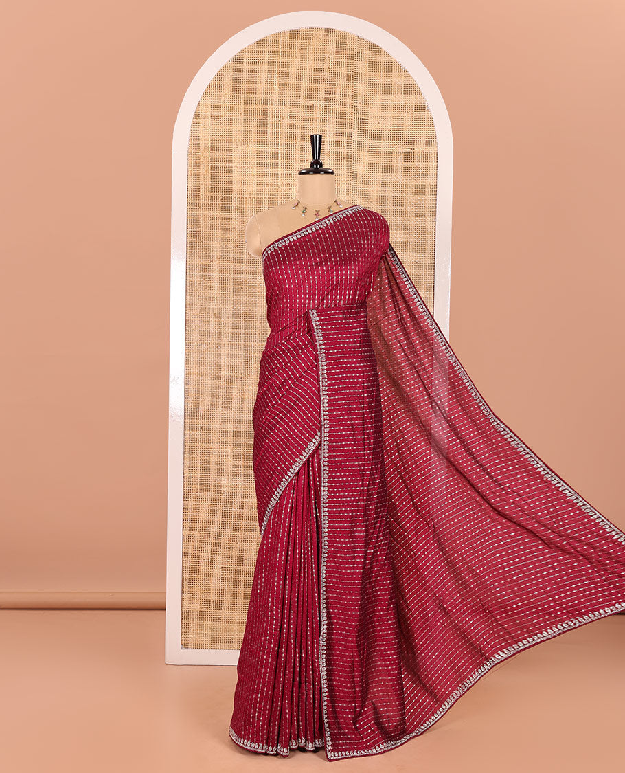 Purple Vitchitra Silk Saree Gleamed Up with Sequin-Style Foil Prints All Over Its Body, Jarkan Stone Work Border, and Paired with a Matching Jarkan Stone Work Blouse