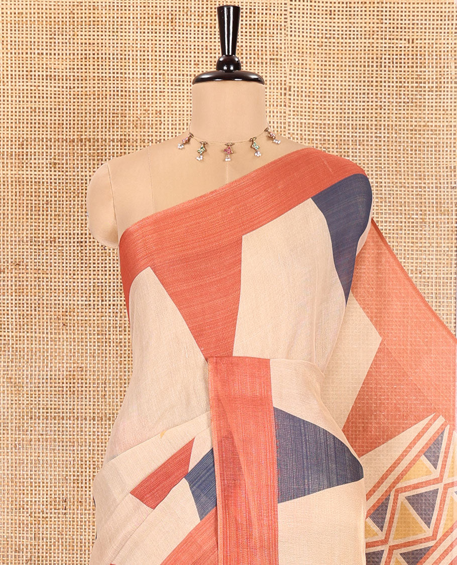 Gold Tissue Saree, Decked Up with Colorful Triangle Motifs Printed on Its Body, Complemented by a Contrast Border, Pallu Steeped with Triangle Motifs Print, and Paired with a Contrast Printed Blouse