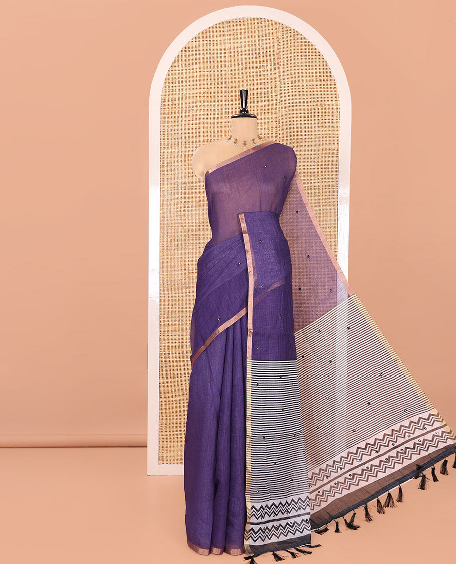 Blue Linen Cotton Saree, Adorned with Mirror Work Across Its Body, Subtly Piping Border, Contrast Pallu Steeped with Stripes, and Mirror Work, and Paired with a Contrast Vertical Stripes Printed Blouse