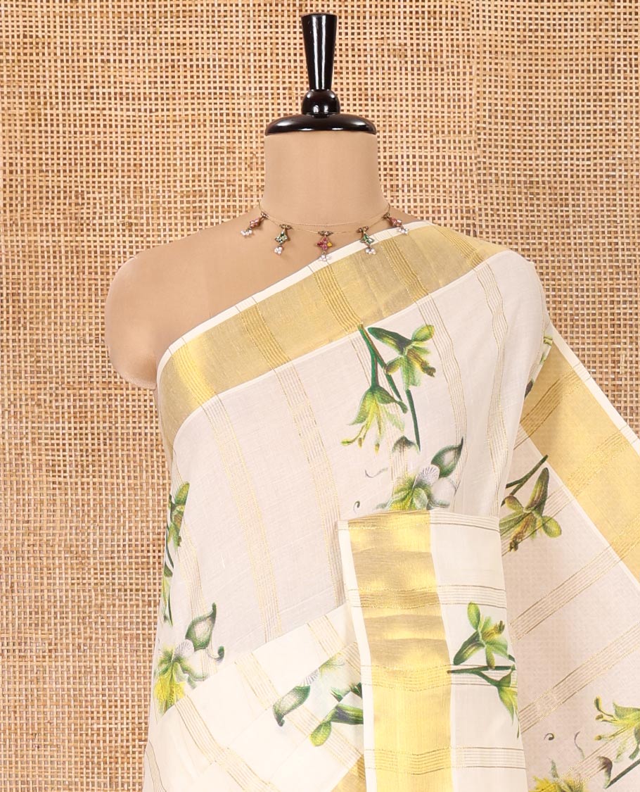 Half-White Kerala Cotton Saree, Prettified with Vertical Stripes and Floral Print on Its Body, Highlighted by a Zari Border, Pallu Pictures the Same Design, and Paired with a Matching Blouse