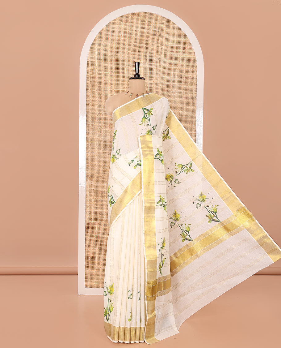 Half-White Kerala Cotton Saree, Prettified with Vertical Stripes and Floral Print on Its Body, Highlighted by a Zari Border, Pallu Pictures the Same Design, and Paired with a Matching Blouse