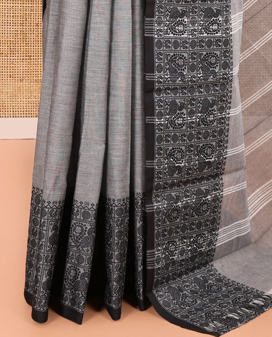 Black Plain Chettinad Cotton Saree, Highlighted by Traditional Design Thread-Woven Border of Peacock Designs, Subtly Striped Pallu, and Comes Without a Blouse
