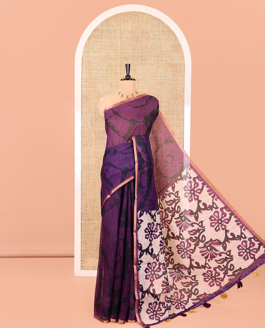 Purple Linen Cotton Saree, Elevated with Shibori Printed on Its Body, Subtle Piping Border, Pallu of Floral Vine Print, and Paired with a Contrast Floral Vine Printed Blouse