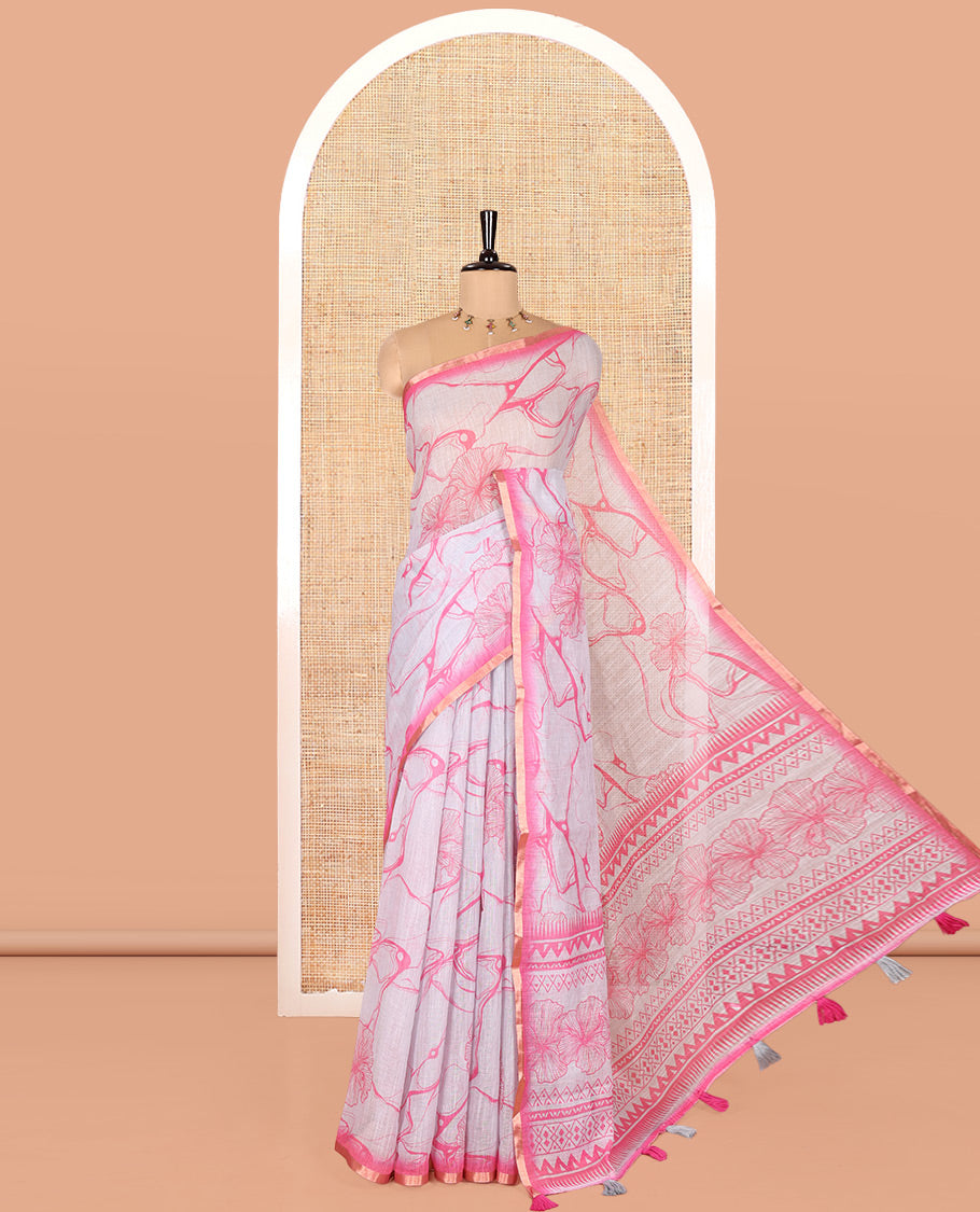 Grey Linen Cotton Saree, Decked Up with Abstract Floral Print On Its Body, Subtle Piping Border, Pallu of Floral and Geometric Print, and Paired with a Contrast Blouse