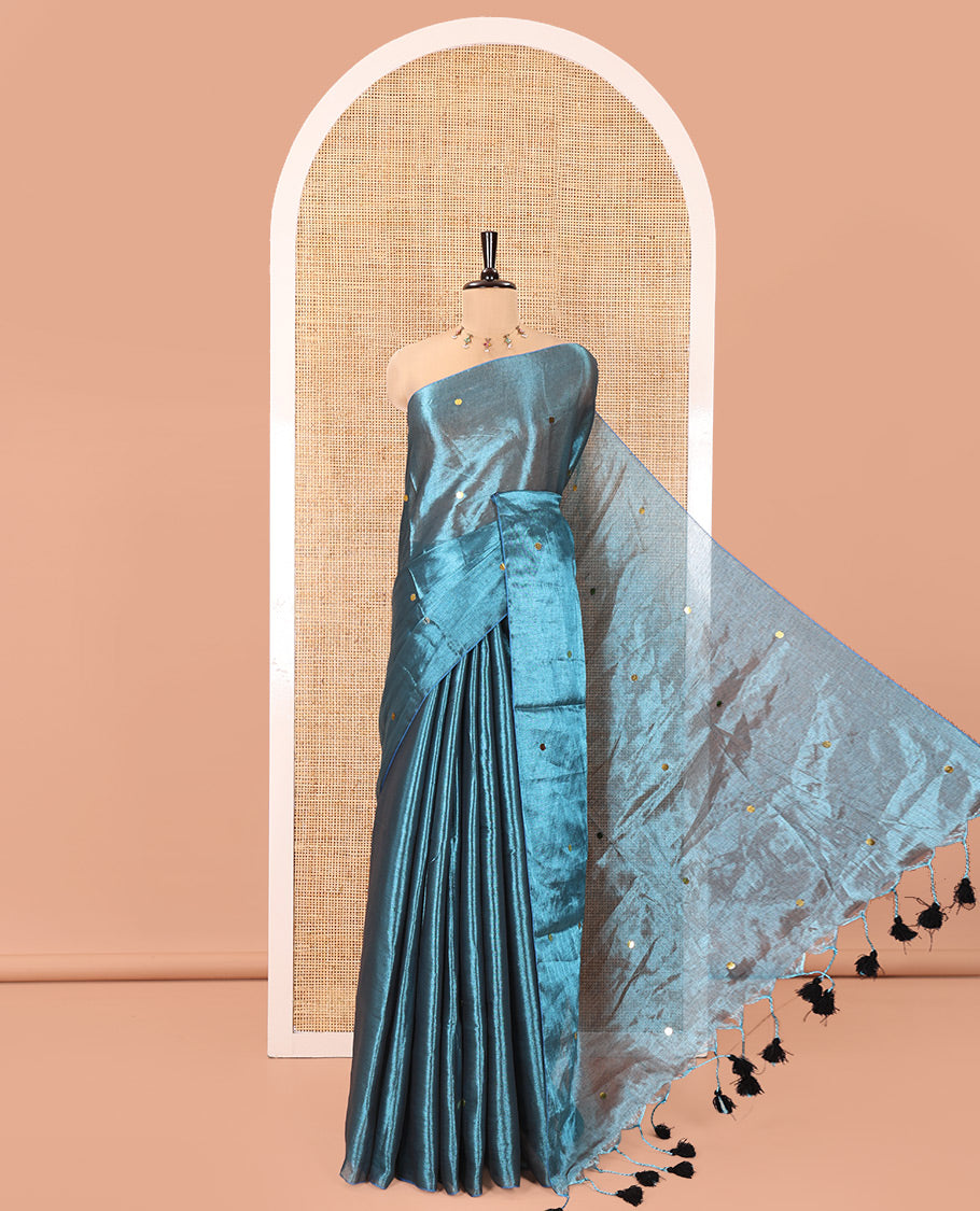 Borderless Blue Khadi Tissue Silk Saree, Adorned with Sequins On Its Body, a Self-Pallu and Paired with a Matching Blouse