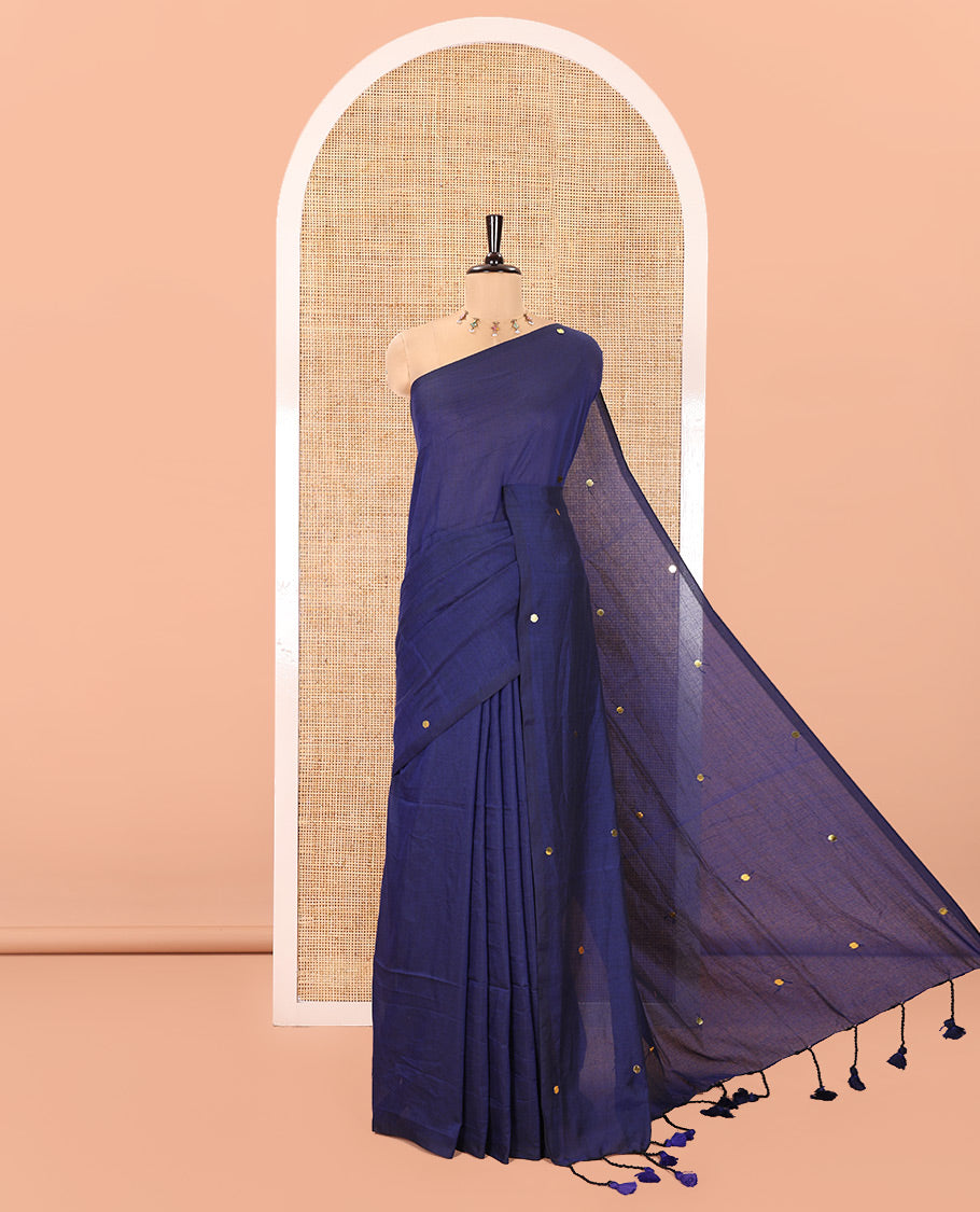Borderless Navy Blue Mul Cotton Saree, Subtly Sparkled With Big Sequins Work On Its Body, a Self-Pallu and Paired with a Matching Blouse