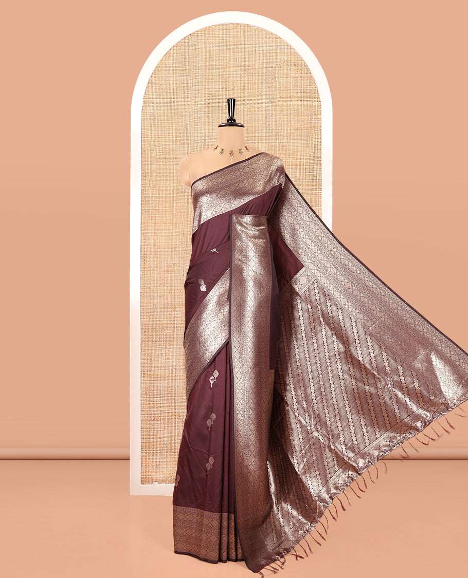 Brown Kanchi Soft Silk Saree, Delicately Woven with Zari Buttas All Over Its Body, Highlighted by Traditional Zari Design Border, Diagonally Striped Pallu, and Paired with a Matching Blouse