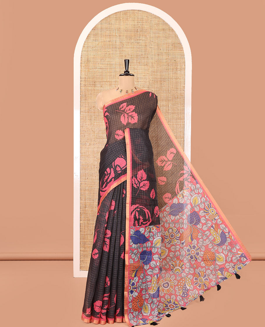 Black and Rani Pink Linen Cotton Saree, Elevated with Floral Motifs and Checked Design on Its Body, Complemented by a Contrast Border, Pallu of Kalamkari Floral and Peacock Design, and Paired with a Contrast Blouse