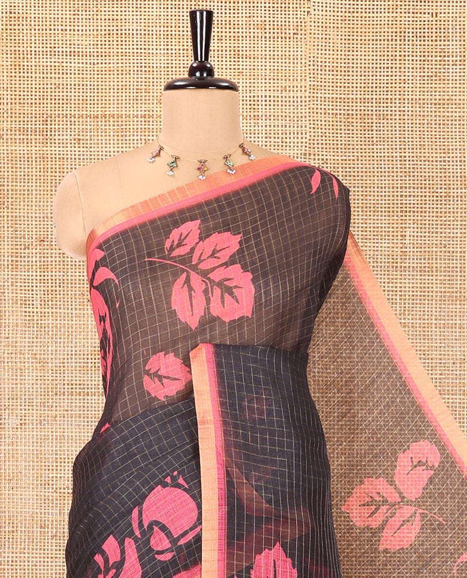 Black and Rani Pink Linen Cotton Saree, Elevated with Floral Motifs and Checked Design on Its Body, Complemented by a Contrast Border, Pallu of Kalamkari Floral and Peacock Design, and Paired with a Contrast Blouse