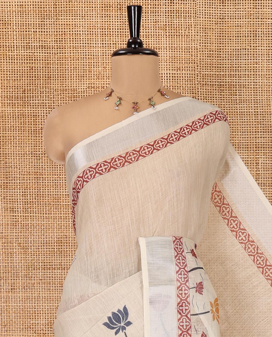 Cream Linen Cotton Saree, Beautified with Pichwai Lotus Motifs Printed All Over Its Body, Highlighted by a Zari Border of Pichwai Lotus Print, Pallu Pictures Paintings, and Paired with a Contrast Blouse