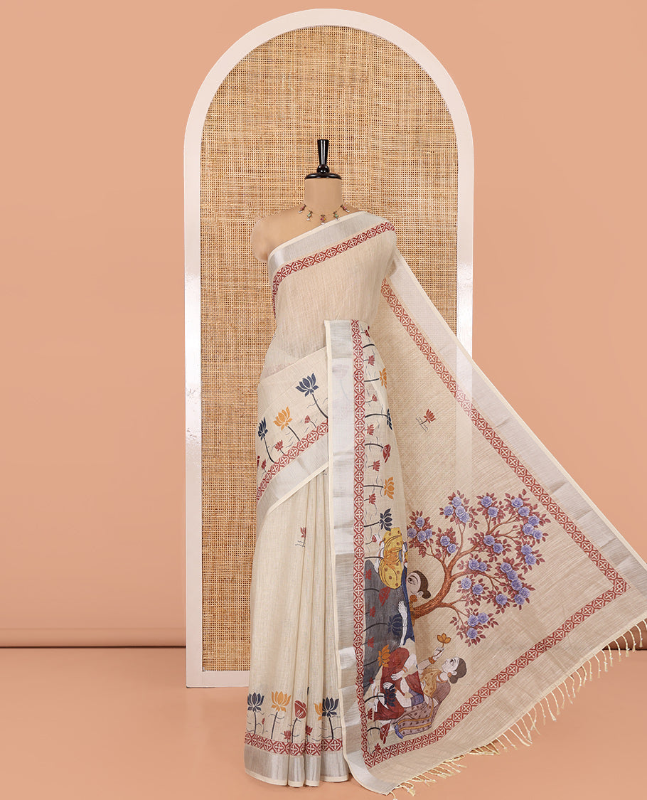 Cream Linen Cotton Saree, Beautified with Pichwai Lotus Motifs Printed All Over Its Body, Highlighted by a Zari Border of Pichwai Lotus Print, Pallu Pictures Paintings, and Paired with a Contrast Blouse