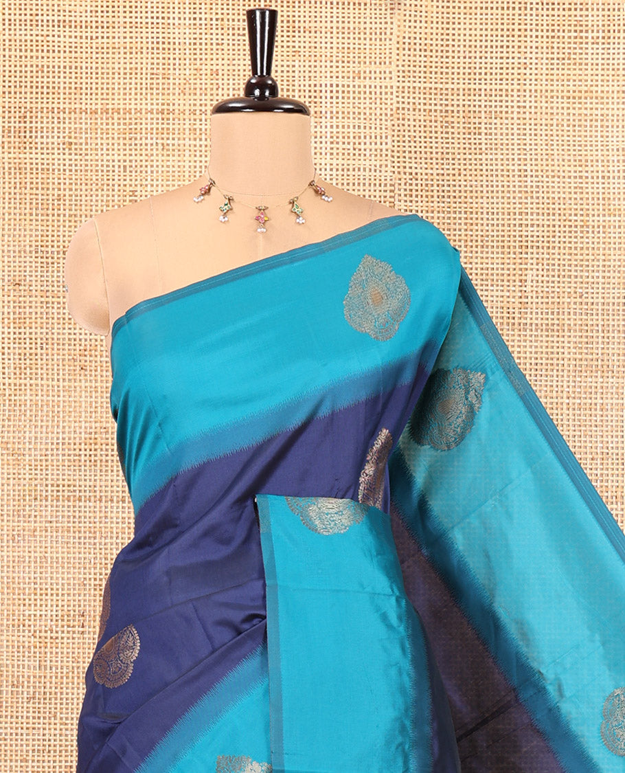 Navy Blue Semi Katan Silk Saree, Adorned with Zari Buttas, a Contrast Border, Intricate Pallu, and a Contrast Blouse