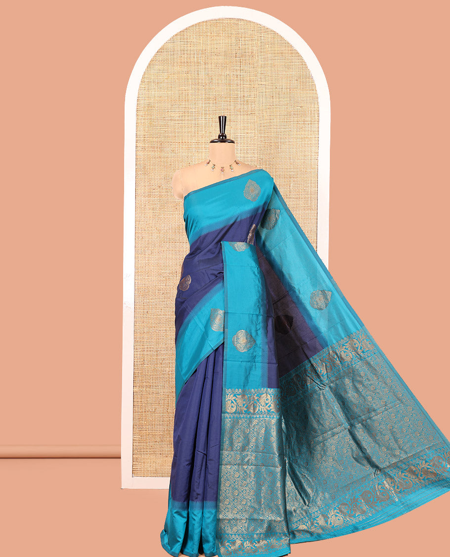 Navy Blue Semi Katan Silk Saree, Adorned with Zari Buttas, a Contrast Border, Intricate Pallu, and a Contrast Blouse