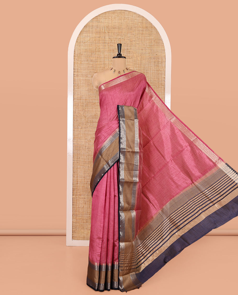 Purple Plain Art Tussar Saree, Complemented by Contrast Rettai Pettu Border, Striped Pallu, and a Contrast Blouse