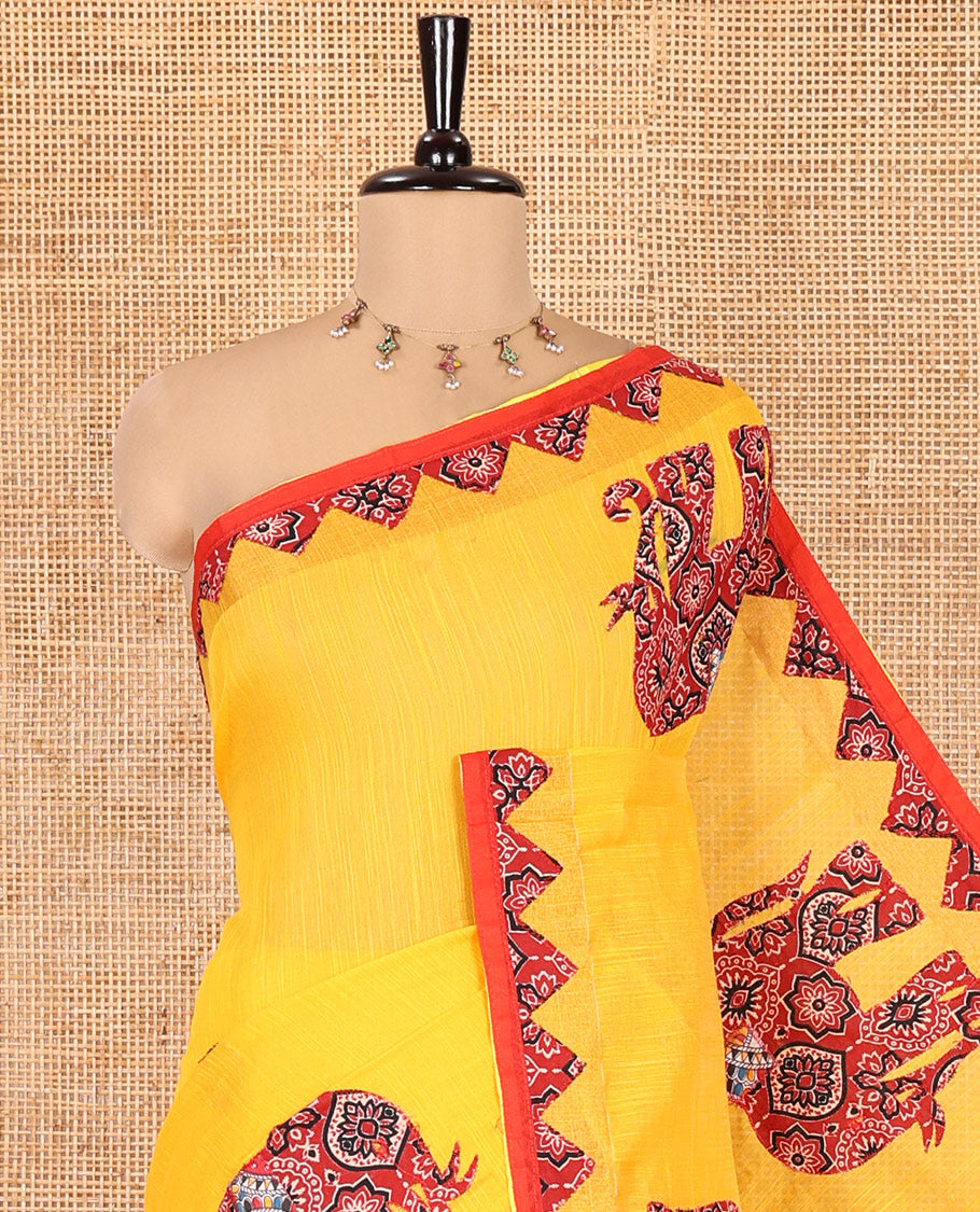 Yellow Khadi Linen Saree, Artfully Crafted with Elephant Appliqué Work, Contrast Temple Appliqué Border and a Plain Blouse